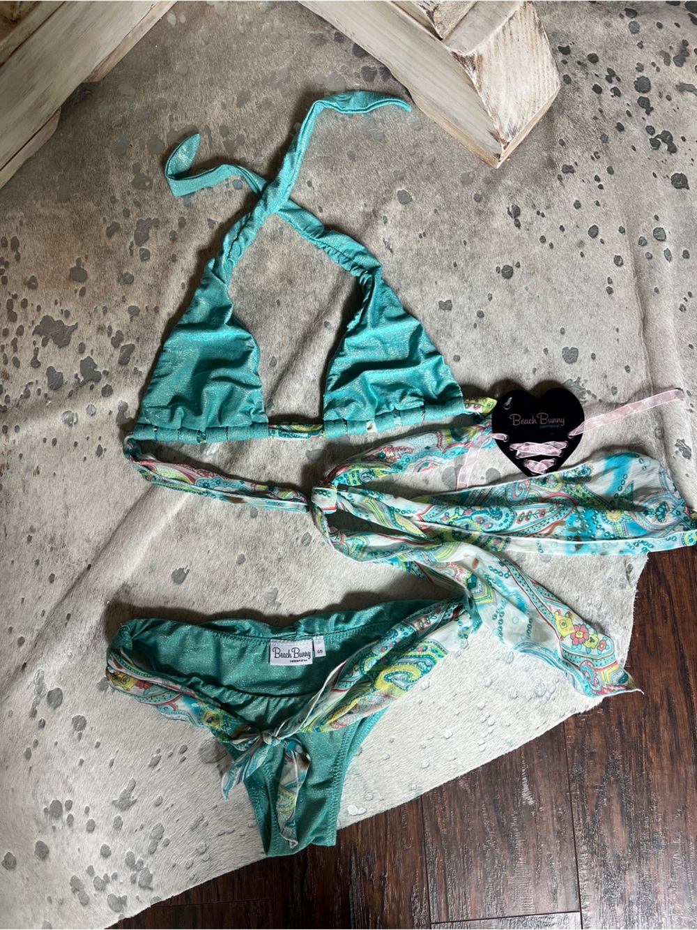 NWT Beach Bunny Shimmery Teal Women's Two-Piece Bikini with Paisley Tie Accents